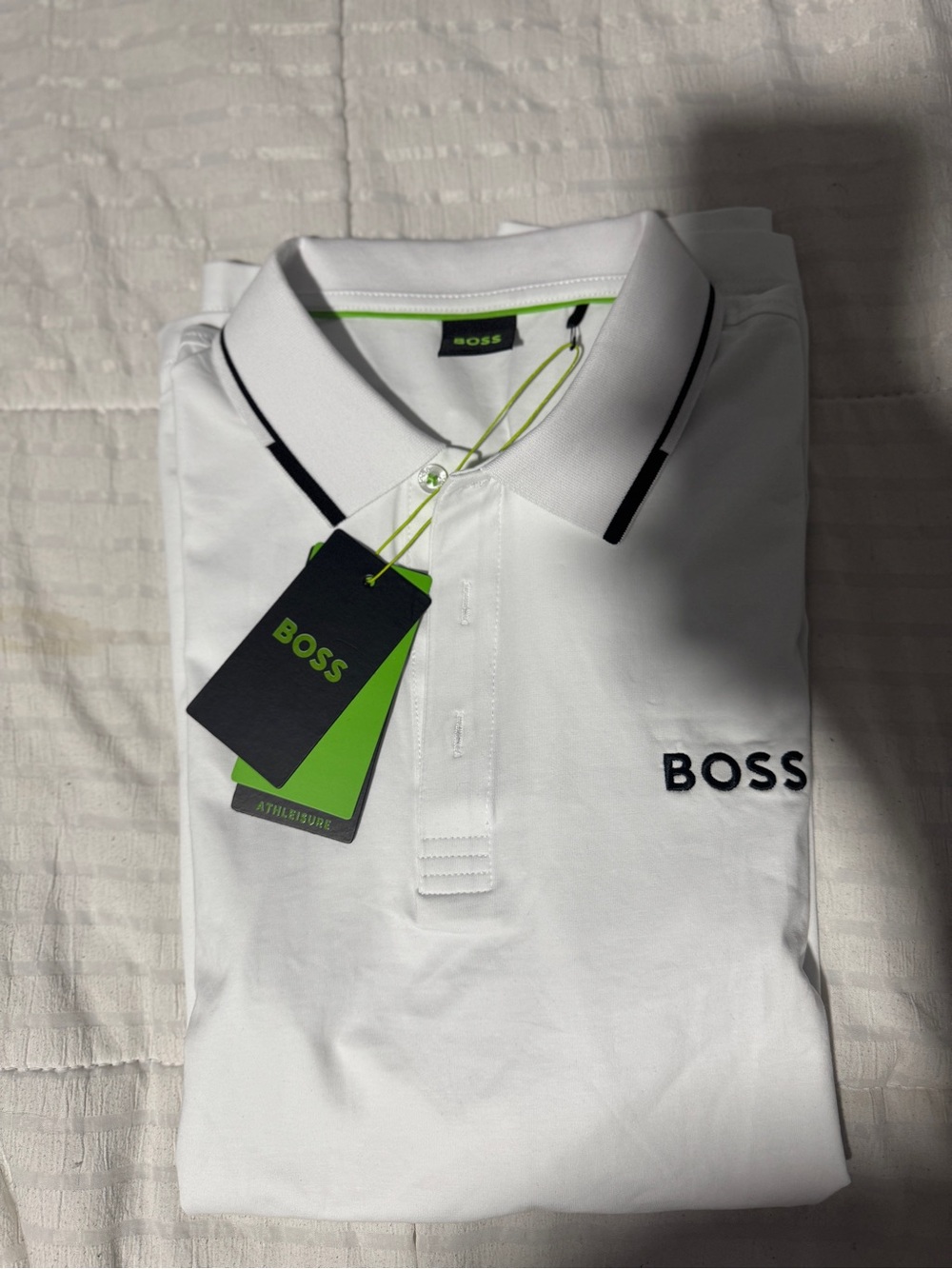 BOSS White Polo with Black Size L Contrast Trim and Neon Green Accents